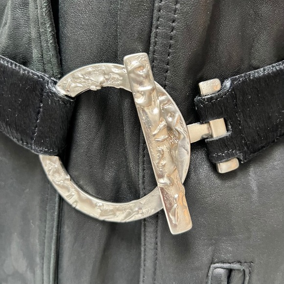 Sandy Duftler Belt Women Statement‎ Black Leather Cow Hair Toggle Goth Vtg 90's - Picture 13 of 16